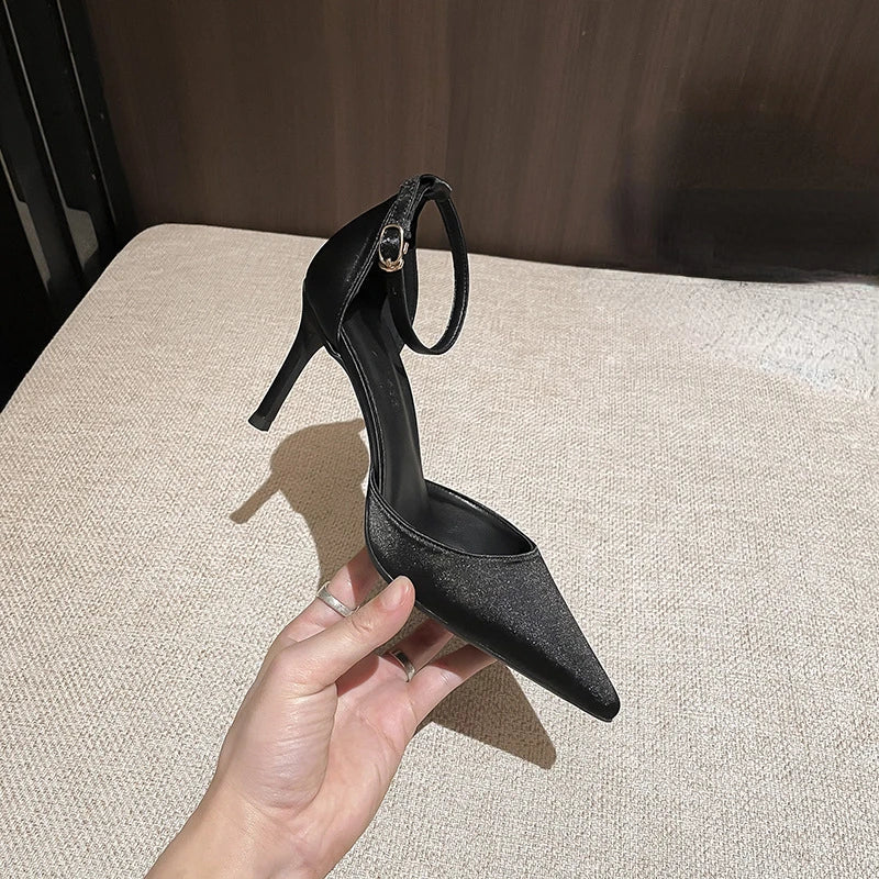 Satin Pointed Toe Highheeled Shoes Summer New Allmatch Stiletto Microfiber Exquisite Oneline Sandals