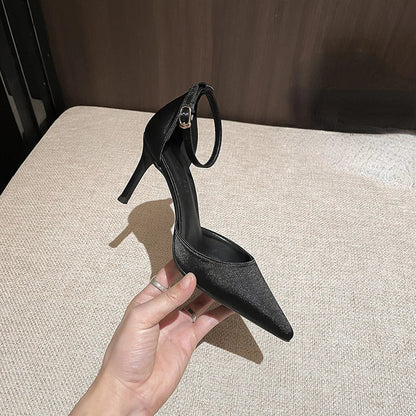Satin Pointed Toe Highheeled Shoes Summer New Allmatch Stiletto Microfiber Exquisite Oneline Sandals