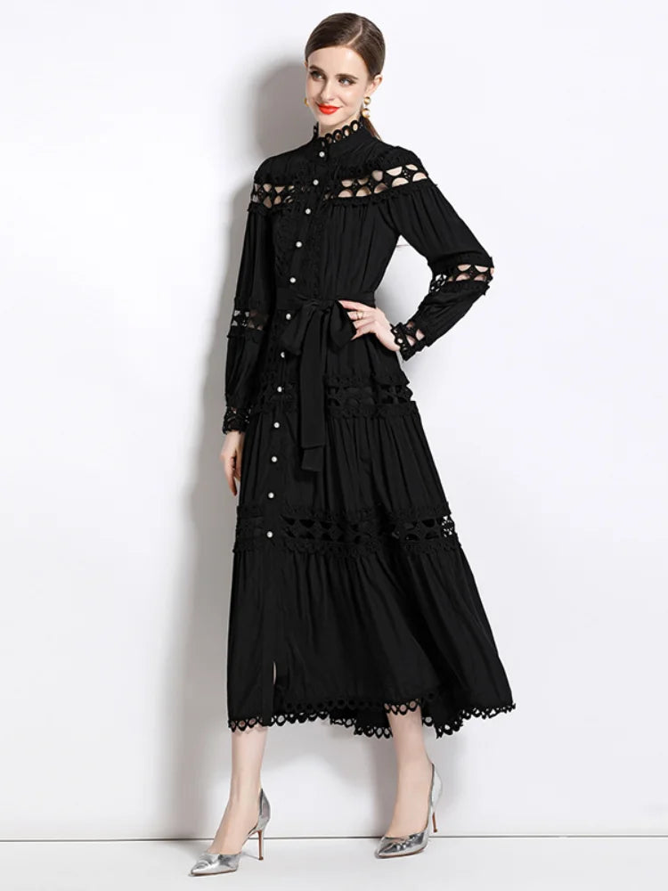 Dresses Skeleton Lace Splicing Stand Collar Single Breasted Dresses Aline Midi Dresses With Belt Party Clubwear