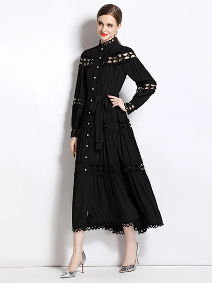 Dresses Skeleton Lace Splicing Stand Collar Single Breasted Dresses Aline Midi Dresses With Belt Party Clubwear