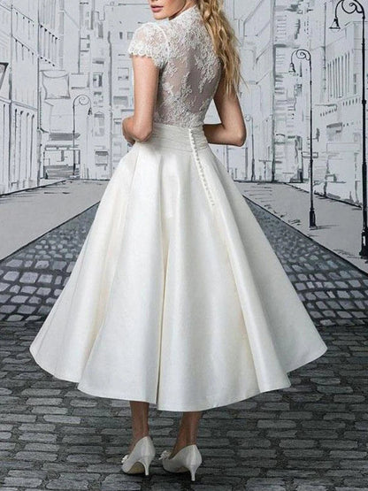 Summer New American Temperament White Lace Dress Stitching Vneck Shortsleeved Party Dresses