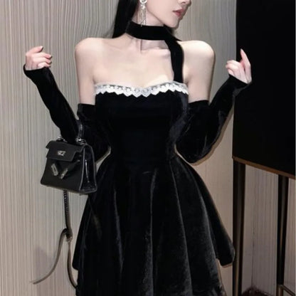 French Strapless Mini Dresses Lace Patchwork A-line Evening Party Dress Korean Y2k Mini Vestidos Mujer