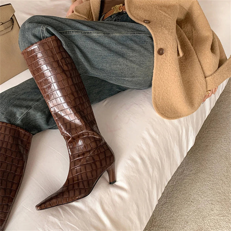 Knee High Boots for Stone Pattern Leather High Heels Autumn Winter Shoes Lady Long High Party Knight Booties