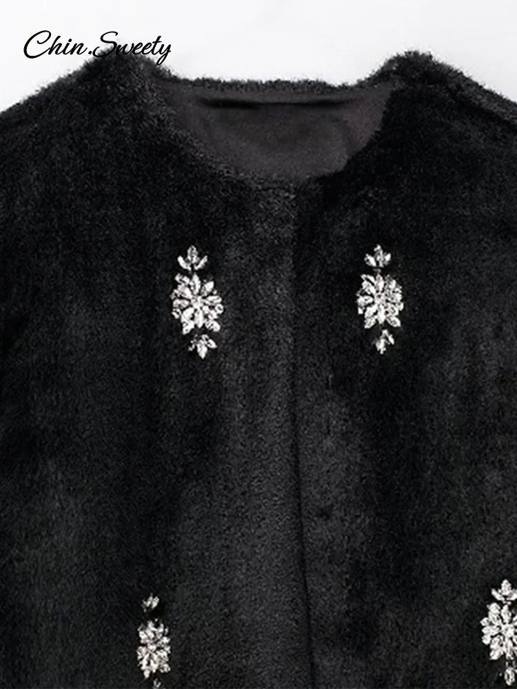 Jewelry Fur Coat Winter Black Plush O-neck Long Sleeve Loose Jacket Female Warm Thicken Lady Overcoat