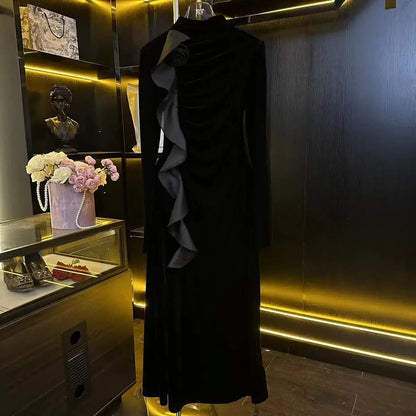 French Highend Temperament Long Sleeve White Dress for Autumn New Half High Neck 3d Flowers Slimming Maxi Dress