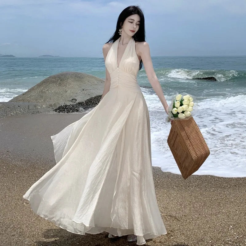 Summer Sleeveless Halter Long White Maxi Dress Tight Waist Vneck Beach Dress Robes Du Soir Evening Dresses Wedding Prom