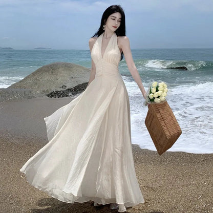 Summer Sleeveless Halter Long White Maxi Dress Tight Waist Vneck Beach Dress Robes Du Soir Evening Dresses Wedding Prom