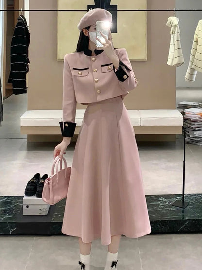 New Small Fragrance Two Piece Set Short Jacket Coat + Long Skirt Suits Korean Ol 2 Piece Sets