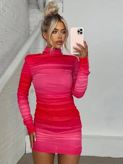 O- Neck Contrast Long Sleeve ’s Dress Party Street Stretchy Tight Ruffle Female Mini Dress Autumn New