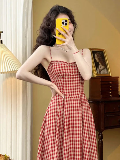 Plaid Midi Dress French Spaghetti Strap Aline Spring Summer Holiday Beach Style Prom Robe Vestidos Mujer