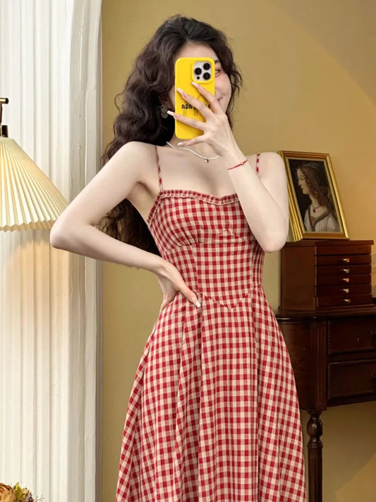 Plaid Midi Dress French Spaghetti Strap Aline Spring Summer Holiday Beach Style Prom Robe Vestidos Mujer