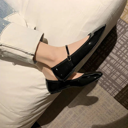 Shiny Pu Leaather Flats Mary Janes Shoes Red Basic Pointed Toe Loafers Spring Autumn Daily Black Shoes New