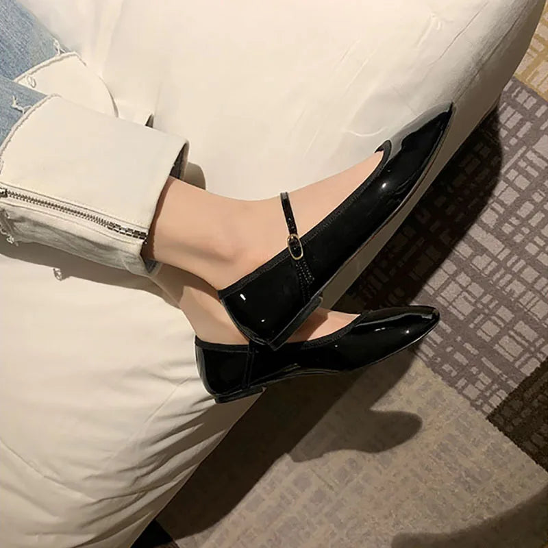 Shiny Pu Leaather Flats Mary Janes Shoes Red Basic Pointed Toe Loafers Spring Autumn Daily Black Shoes New