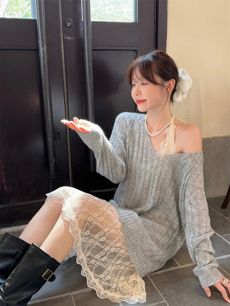 Sweet Hot Girl Pure Suit Autumn Vneck Mohair Sweater Halter Neck Lace Dress Twopiece Set Female Clothes