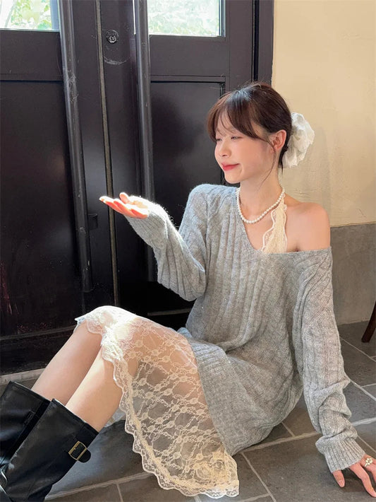 Sweet Hot Girl Pure Suit Autumn Vneck Mohair Sweater Halter Neck Lace Dress Twopiece Set Female Clothes
