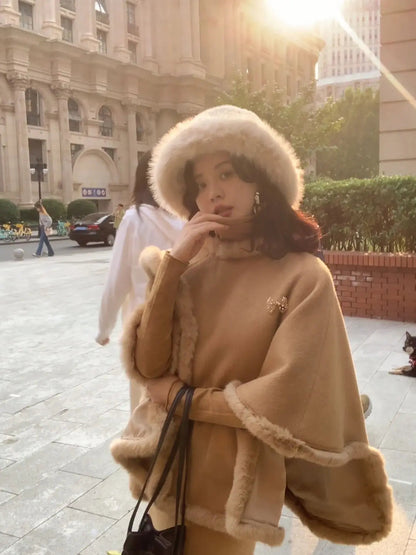 French Retro Style Cape Shawl Wool Coat Top Maxi Skirt Set Winter Socialite Commuting Color Two Piece Sets Outfits
