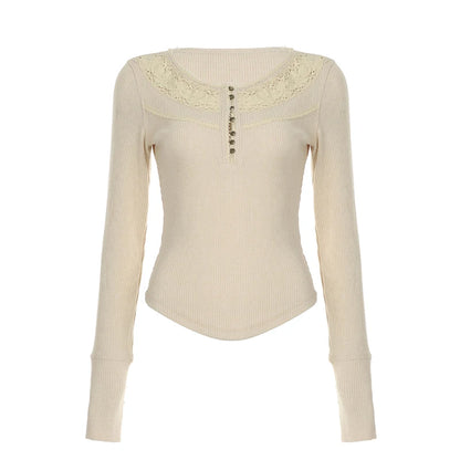 Retro Button Lace Knitted ��s Base T-shirts Long Sleeves Exquisite Slim Fit Autumn Basic Blouses