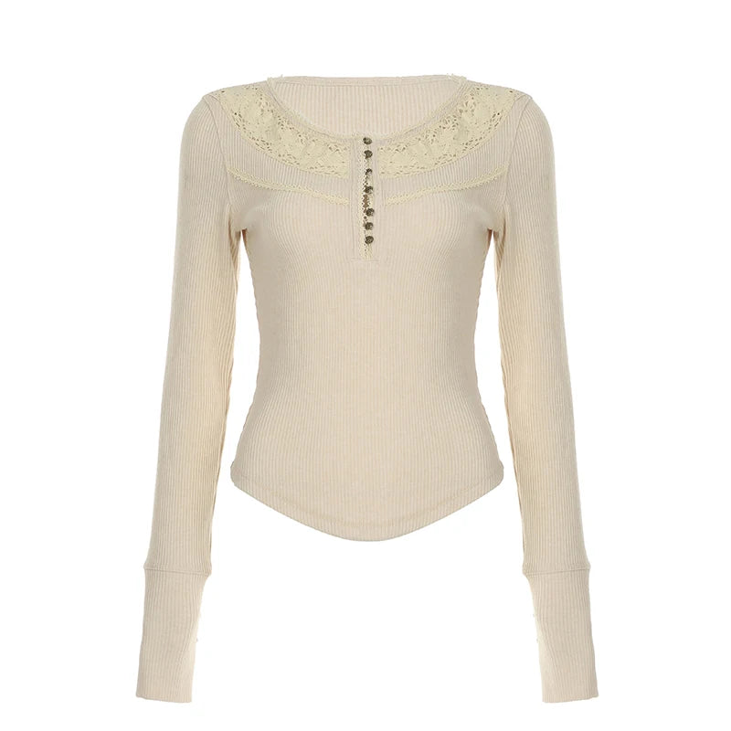 Retro Button Lace Knitted ��s Base T-shirts Long Sleeves Exquisite Slim Fit Autumn Basic Blouses