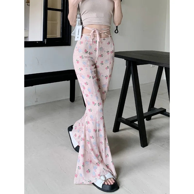 Summer Korean Retro High Street Print Laceup Waist Trousers Flare Pants