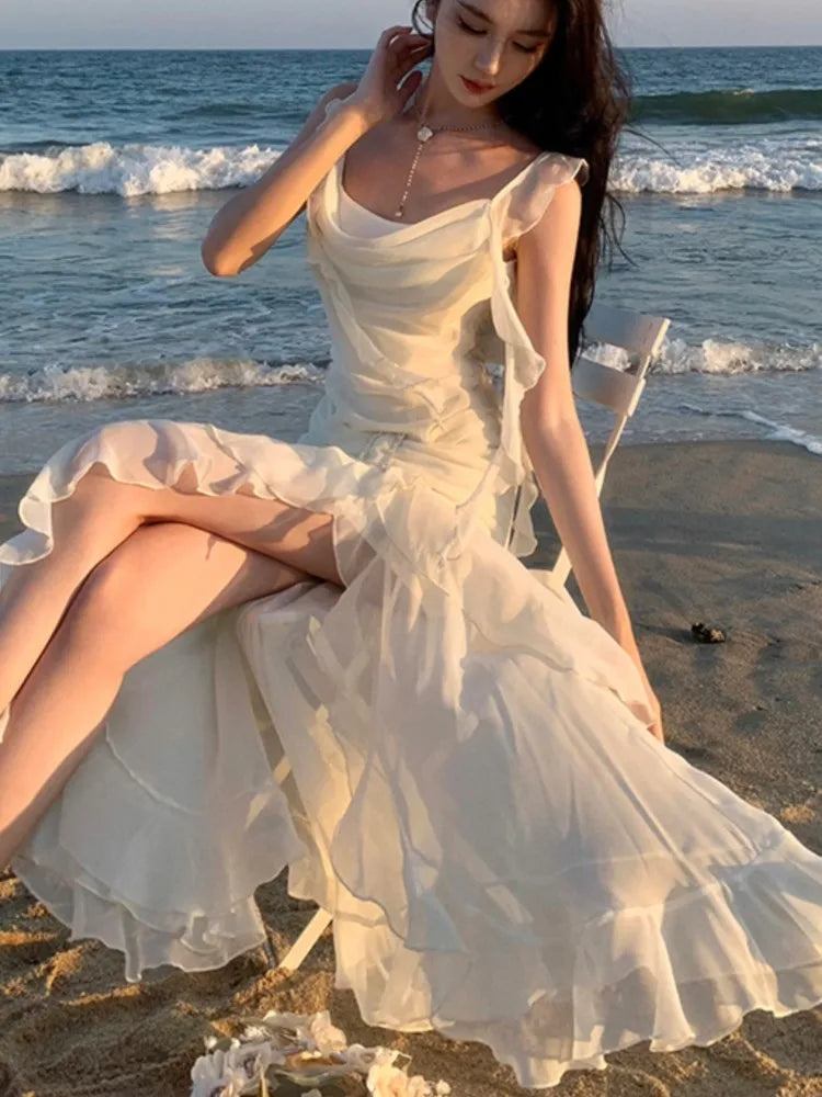 Backless Slip Dresses Summer New Asymmetrical Ruffles Holiday Beach Party Club Split Long Dress