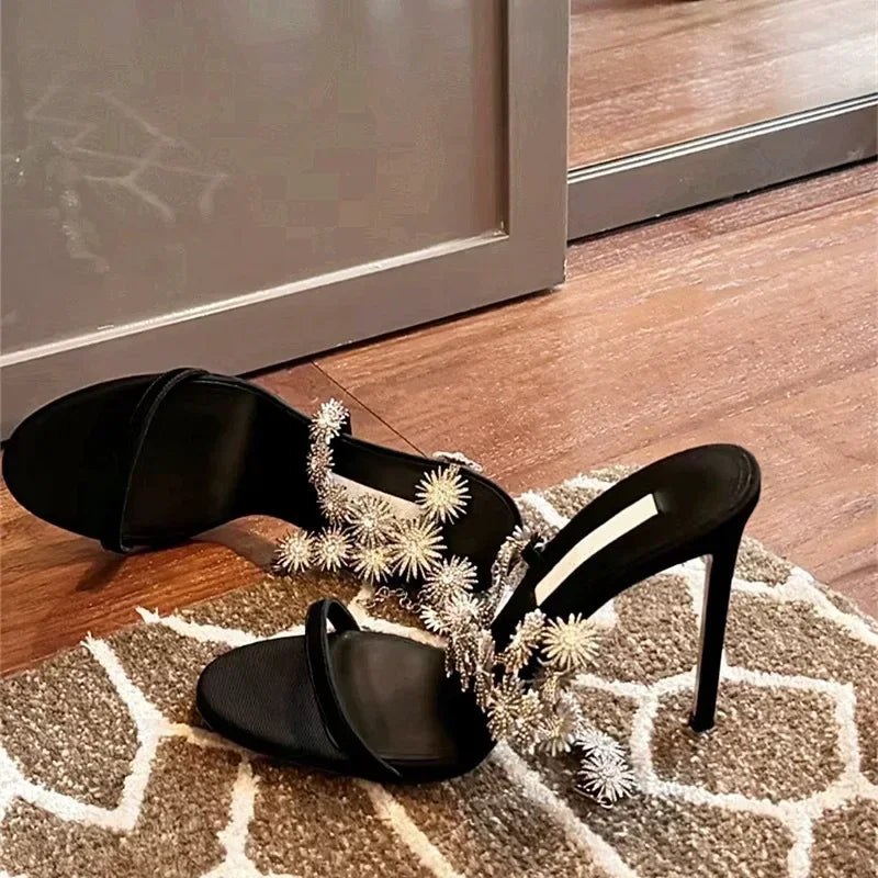 Rhinestone Thin High Heels Crosstied Glittering Designer Heeled Sandals Evening Party Shoes for