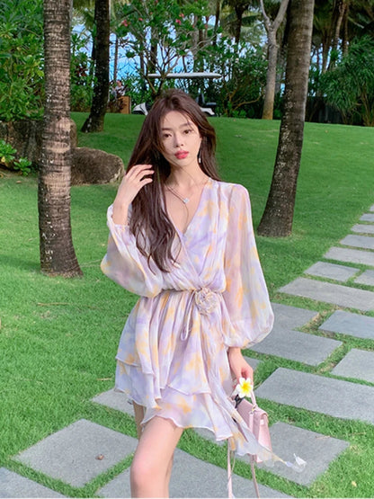Summer New Sweet Chiffon Mini Dress Beach Party Vneck Mini Dress One Piece Dress Korean Clothing