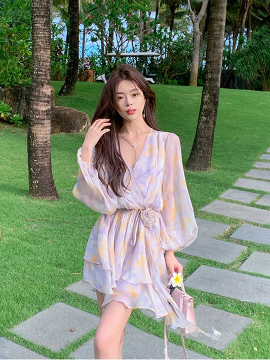 Summer New Sweet Chiffon Mini Dress Beach Party Vneck Mini Dress One Piece Dress Korean Clothing