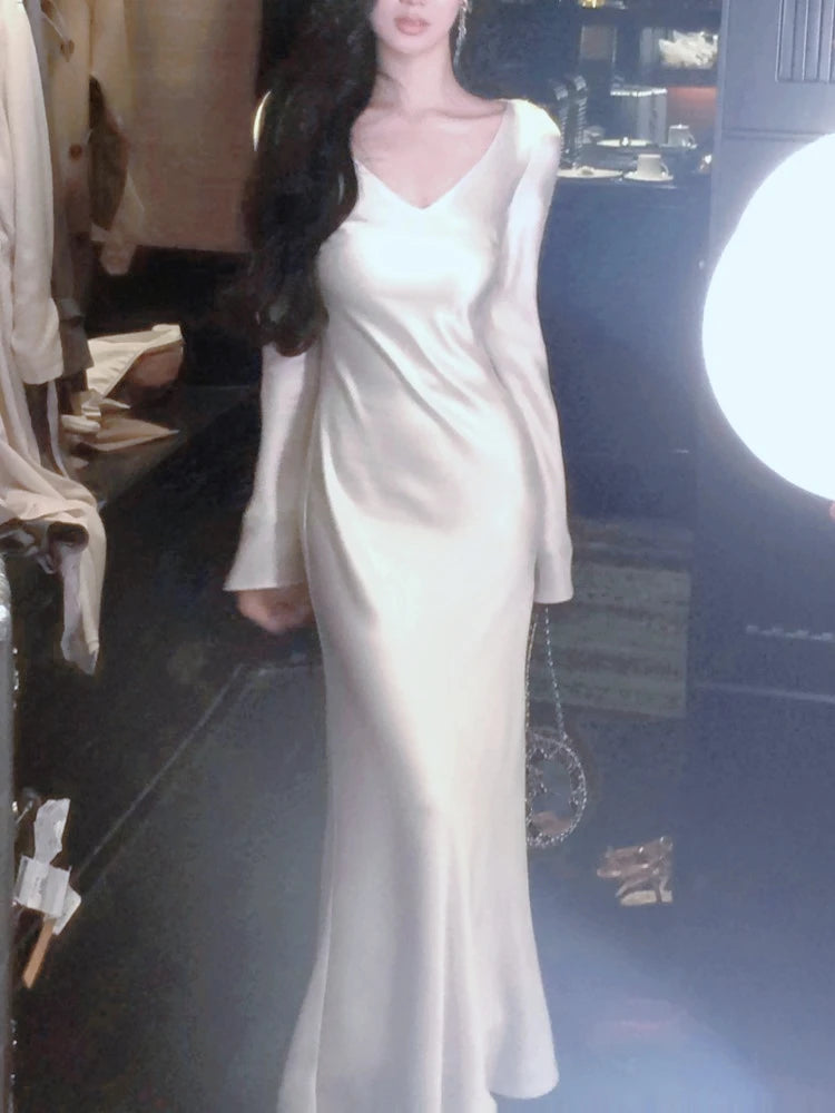 Autumn Satin Long Dresses for Wedding Evening Party Dress Prom Robe V-neck Long Sleeves Mermaid One Piece Vestido