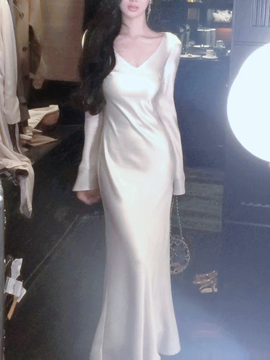 Autumn Satin Long Dresses for Wedding Evening Party Dress Prom Robe V-neck Long Sleeves Mermaid One Piece Vestido
