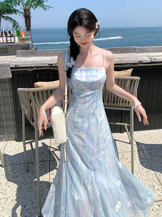 Summer Blue Chiffon Midi Dress Beach Embroidery One Piece Dress Korean Evening Party