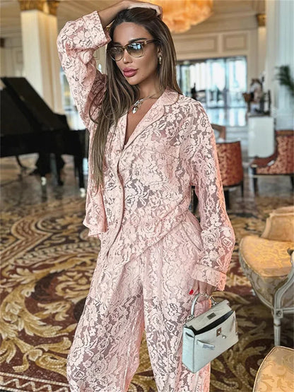 Lace Hollow Out Printed 2 Piece-set Trousers Female See-through See-through Shirts and ’s Pants Outfits