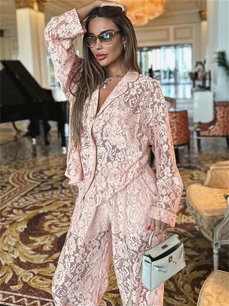 Lace Hollow Out Printed 2 Piece-set Trousers Female See-through See-through Shirts and ’s Pants Outfits