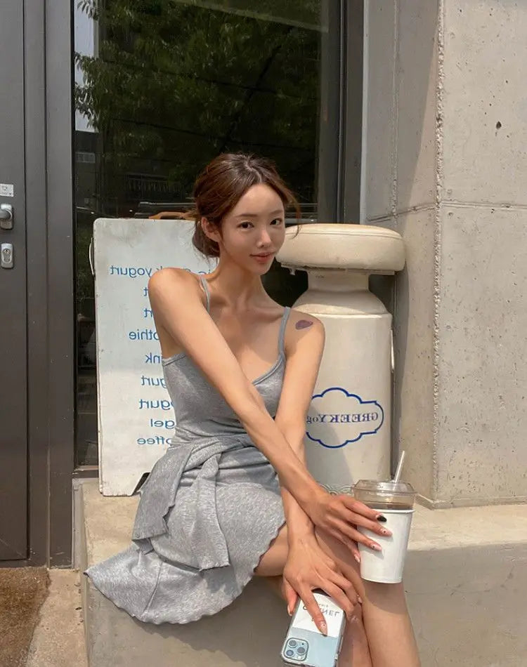 Summer Korean Clothing Short Strap Camisole Dress +short Coat Color Two Piece Sets Outfits