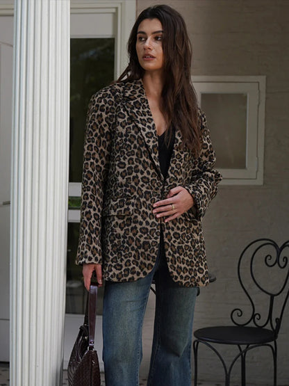 Fall Leopard Print Jacket Blazer Lapel One Button Long Sleeve Loose Coat Female All-matching New in Outwears