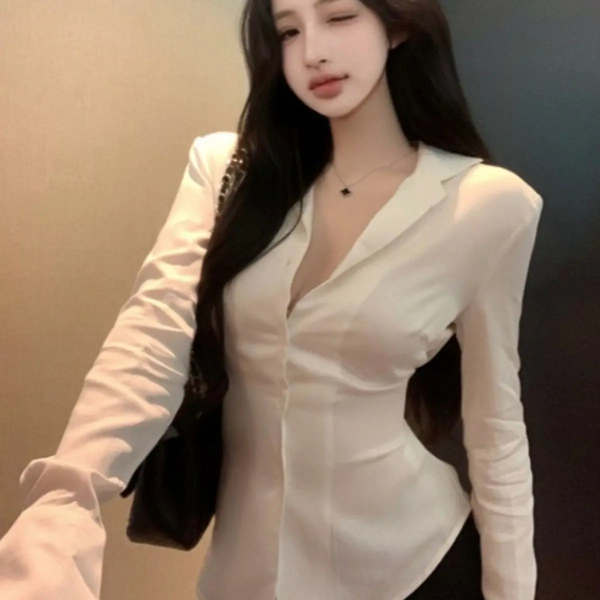 Backless Lace Youthful Black Long Sleeve Shirt V Neck Patchwork Basic Blouse Lady Office White Top