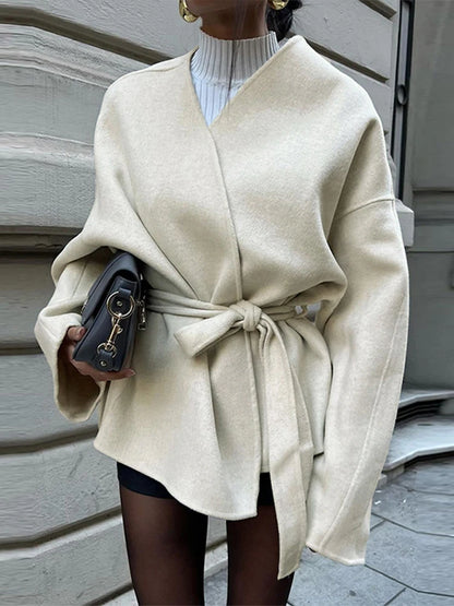 Woolen Long Sleeve Coat With Belt Loose V-neck Short Overcoat Autumn Lady Thick Warm Outwear