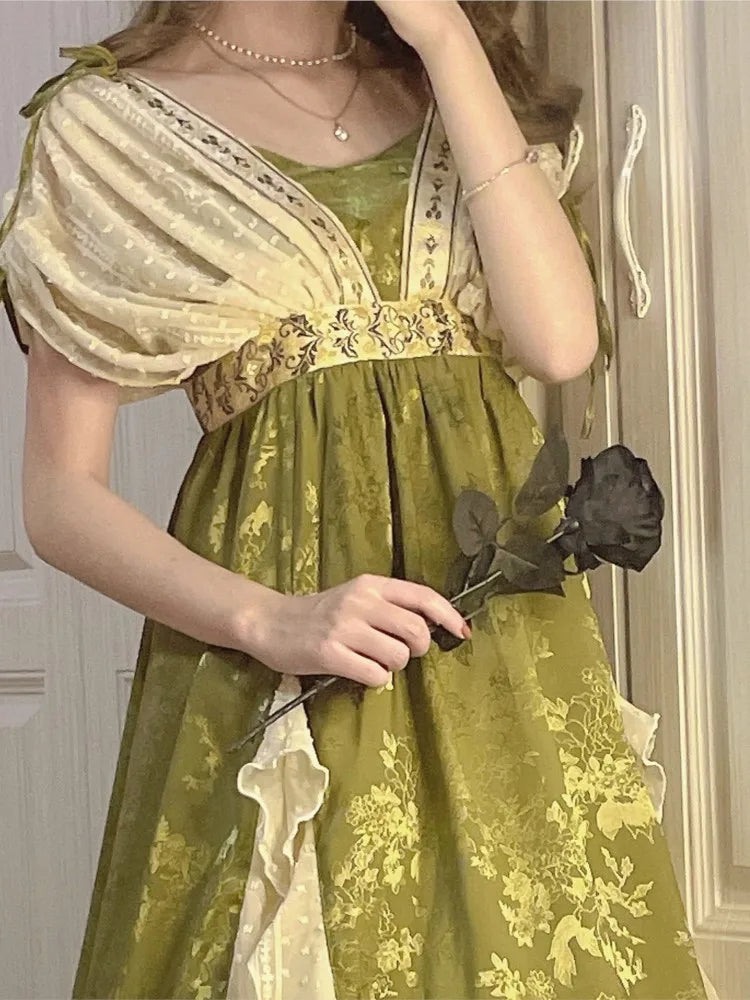Summer Fairy Green Evening Dress V Neck Lace Ruffles Midi Dress a Line Fluffy Sleeve Prom Party Gown