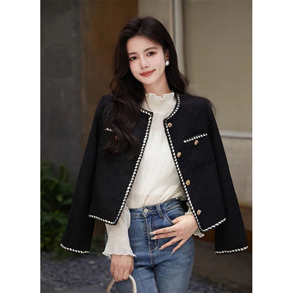 Cropped Tweed Jacket Black Quilted Coat Blazer Winter Single Breasted Thicken Outerwear Tops