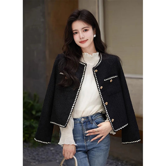 Cropped Tweed Jacket Black Quilted Coat Blazer Winter Single Breasted Thicken Outerwear Tops