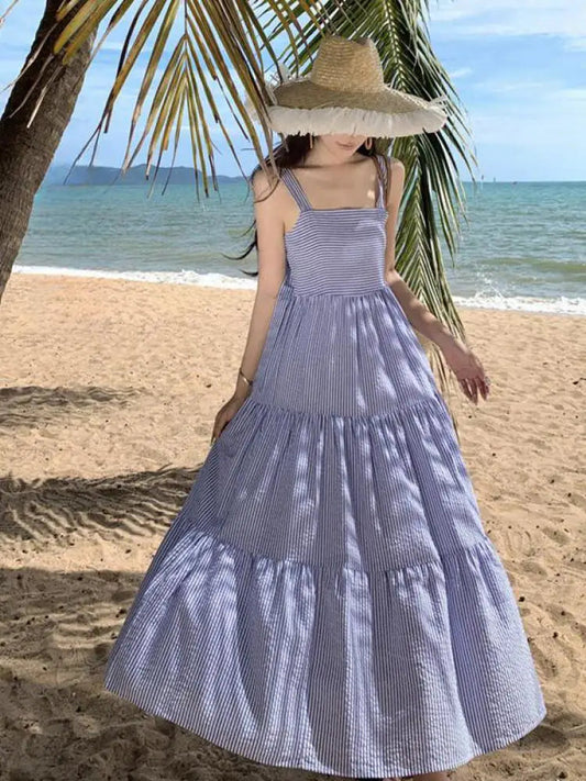 Retro Blue Stripe Party Slim Sleeveless Long Dresses Club Vacation Pleated Slip Dress Summer