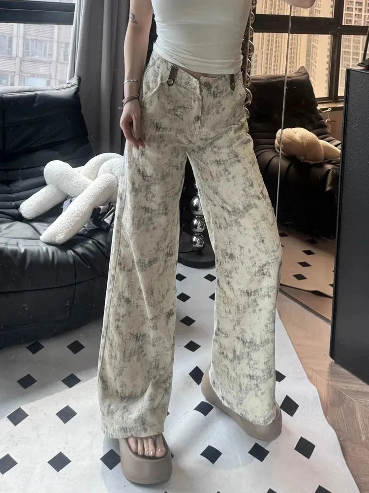 Tie Dye Jeans Y2k High Waist Baggy Denim Pants American Retro Wide Leg Trousers New