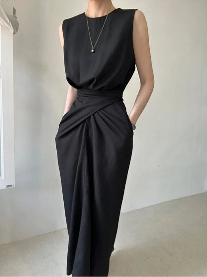 Sweet Hot Girl Pure Twist Laceup Dress Autumn Slim Sleeveless Long Dress Female Clothes
