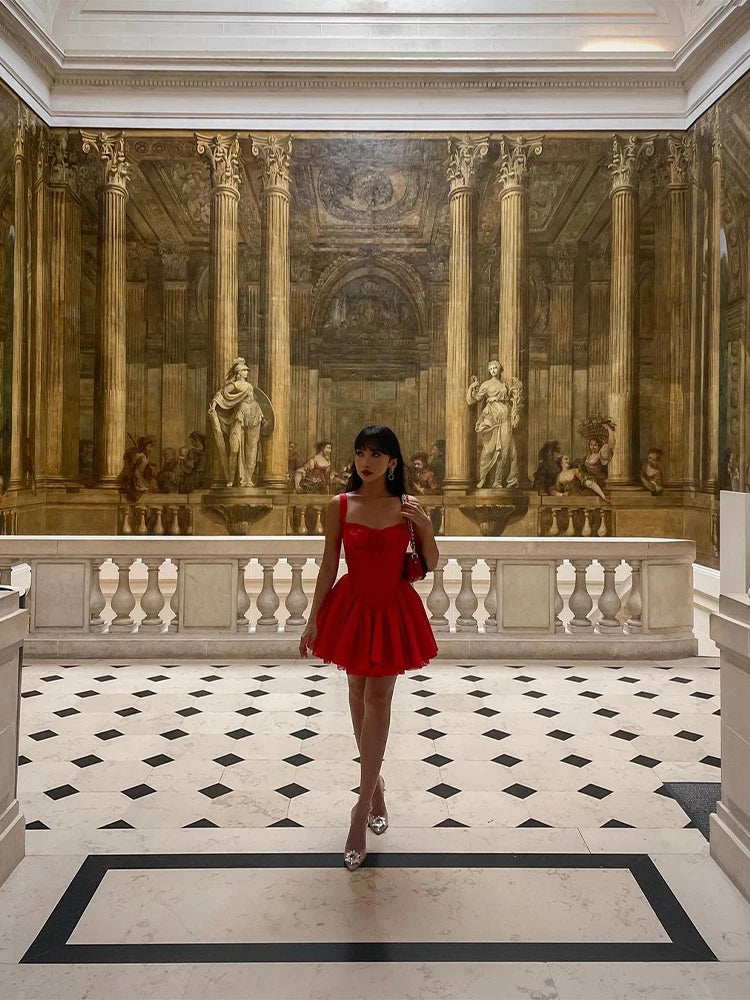 Red Lace Up Mini Dress for Pleated Sleeveless a Line Dresses Autumn Party Evening Short Gown