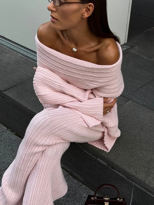 One-shoulder Knitted Dress for Loose Rib Knit Sweater Autumn Winter Midi Dresses Female Long Sleeve