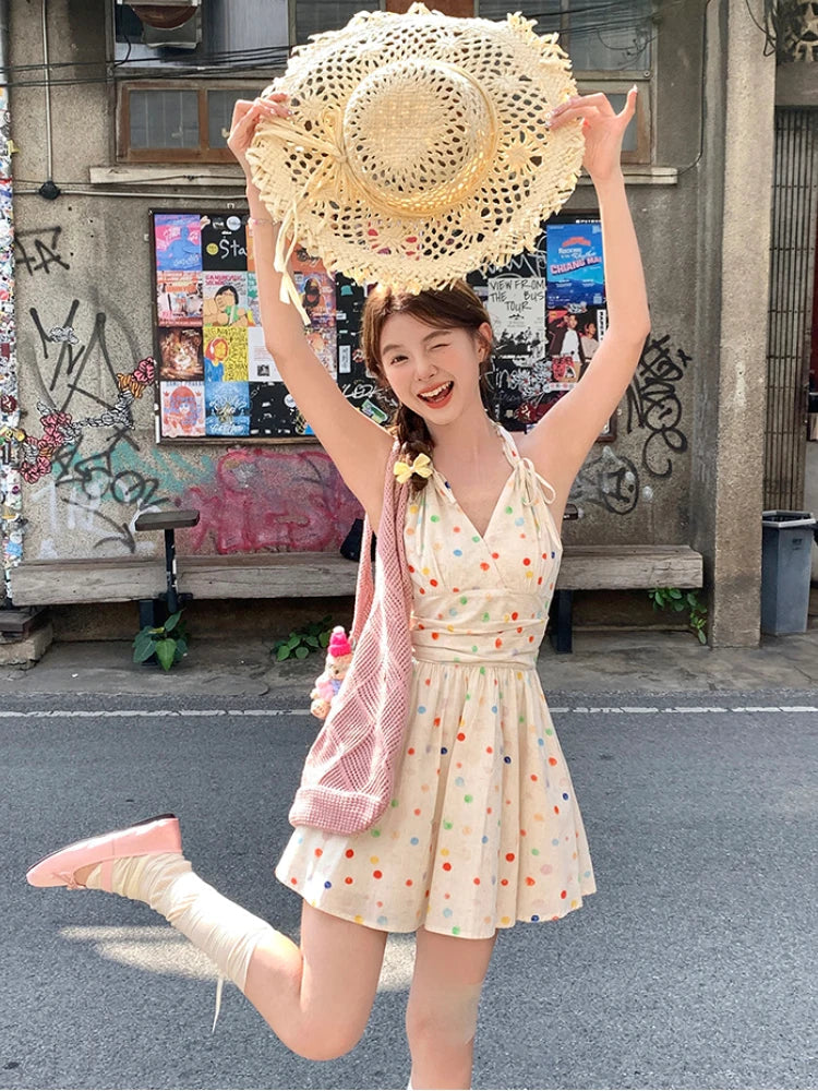 Summer New Sweet Kawaii Dots Mini Dress Retro Sleeveless One Piece Dress Japanese Style Even Party Dress