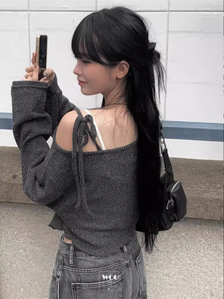 Simple Lace Up Knitted Pullover Spring Autumn New Long Sleeve Sweaters Mujer Off Shoulder Tops