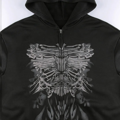 Dark Personality Printed Hoodie Female American New Black Hooded Zipper Coat Loose Top
