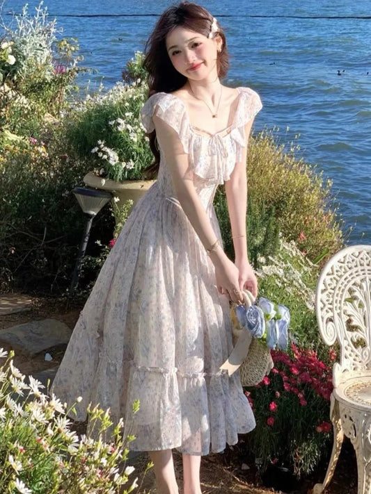 Princess Dresses Print Off Shoulder Slash Neck Fairy Birthday Party Midi Dress Beach Aline Vestidos New