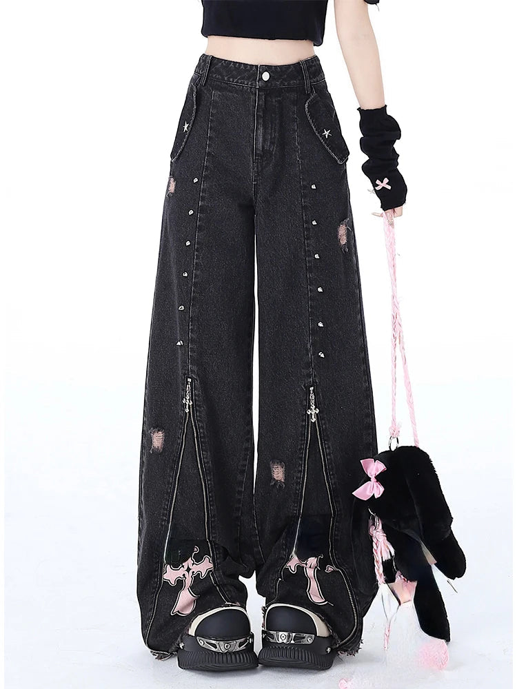 Black Gothic Baggy Jeans High Waist Cowboy Pants Harajuku Denim Trousers Aesthetic Y2k Emo Trashy 2000s Clothes