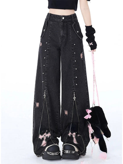 Black Gothic Baggy Jeans High Waist Cowboy Pants Harajuku Denim Trousers Aesthetic Y2k Emo Trashy 2000s Clothes